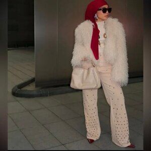 Zara Cream Wide Leg Jeans with Studs